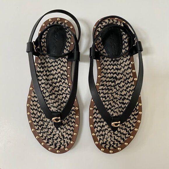 COACH Gracey Black and Brown Leather Thong Sandals w/ Gold Studs, size 9 - Picture 2 of 12